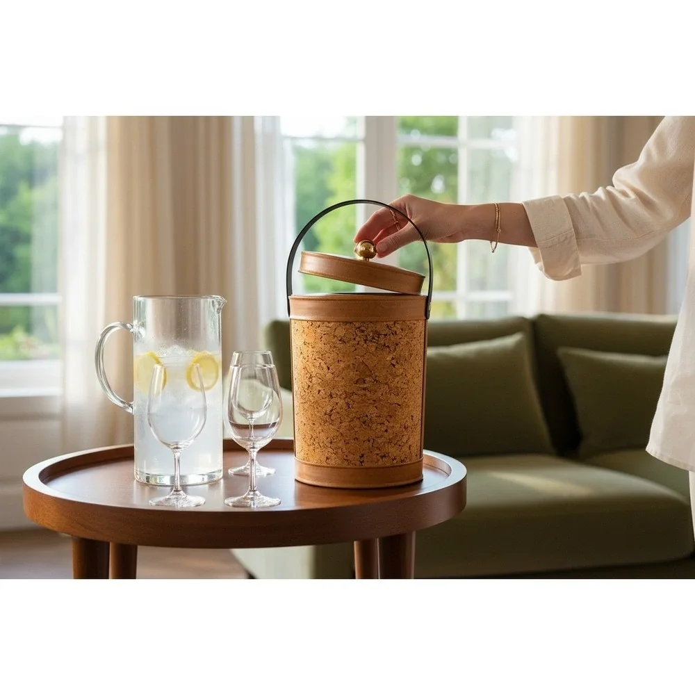 Georges Briard Vintage Mid Century Cork Leather Trim Ice Bucket